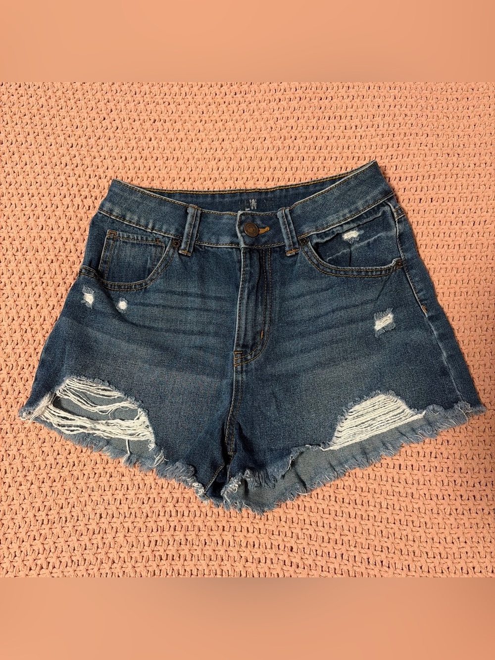 Rewash Distressed Mid-Dark Blue Denim Shorts